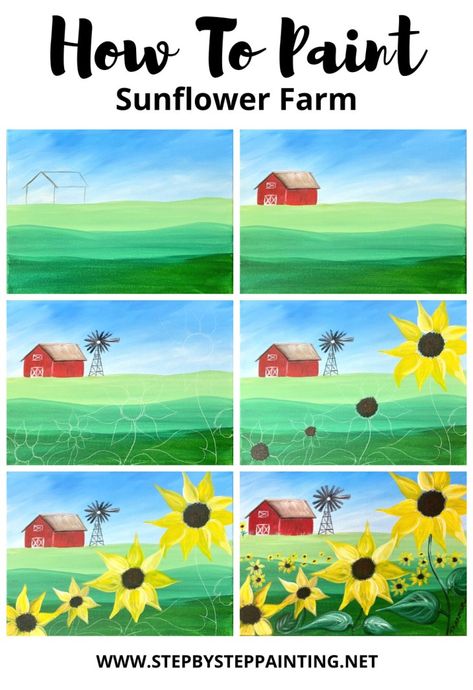 Farm Canvas Painting Easy, Farm Painting Ideas, Farm Acrylic Painting, Beginner Acrylic Painting, Night Paintings, Mini Tela, Farm Painting, Homemade Canvas, Sunflower Farm