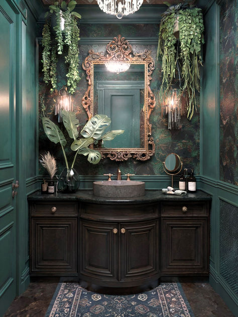 35 Gorgeous Small Bathroom Ideas Green Bathroom With Silver Fixtures, Emerald Marble Bathroom, Emerald Green Restroom, Victorian Guest Bathroom, Emerald Green Half Bath, Small Dark Green Bathroom Ideas, Dark Green Gothic Bathroom, Romantic Goth Bathroom, Dark Emerald Green Bathroom