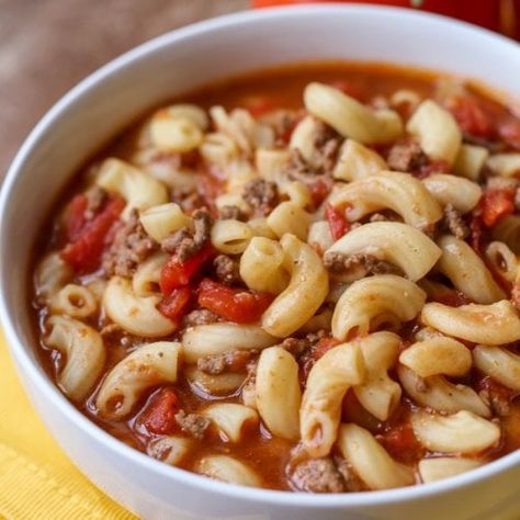 Beef and Tomato Macaroni Soup Recipe - Lil' Luna Tomato Macaroni Soup Recipe, Hamburger Macaroni Soup, Tomato Macaroni Soup, Hamburger Macaroni, Tomato Macaroni, Macaroni Soup Recipes, Macaroni And Tomatoes, Beef Macaroni, Sweet Custard