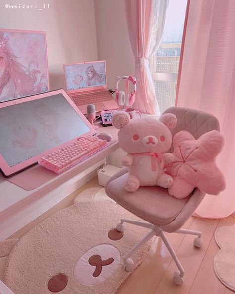 Sakura Rilakkuma, Small Microphone, Questions About Me, Dream Setup, Artist Workspace, Small Game Rooms, Pink Games, Pink Desk, Pink Curtains