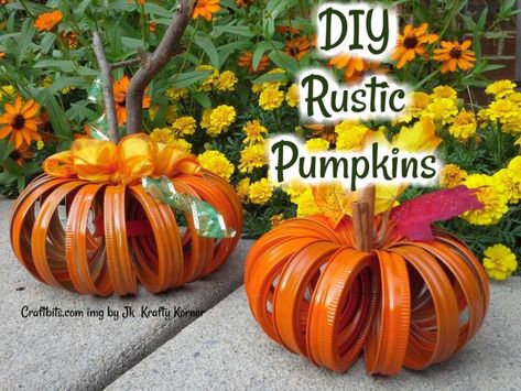 Rustic Pumpkins – Mason Jar Lids — CraftBits.com Mason Jar Lids Diy, Pumpkin Decoration Ideas, Mason Jar Lid Pumpkin, Fall Mason Jar Crafts, Fall Crafts Decorations, Diy Pumpkins Crafts, Fall Mason Jars, Mason Jar Lid, Pumpkin Uses