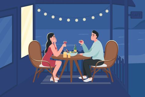 Couple on romantic night date flat color vector illustration Standing Ab Exercises, Slow Lifestyle, Night Illustration, Standing Abs, Feeling Fatigued, Romantic Night, Romantic Dinner, Dinner Date, Color Vector