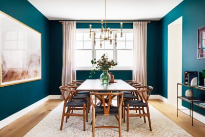 Teal Dining Room, Manhattan Beach Homes, Dining Room Teal, Dining Room Wall Color, Blush Nursery, Green Dining Room, Dining Room Remodel, Decor Eclectic, Decor Shabby Chic