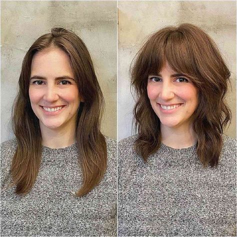 Choppy Curtain Bangs Short Hair, Collarbone Length Hair With Layers Curtain Bangs, Layered Wavy Hair, Wavy Layered Haircuts, Soft Curtain Bangs, Collarbone Length Hair, Wavy Layered Hair, Chin Length Haircuts, Medium Shag Haircuts