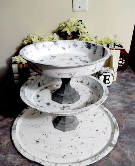 Make Your Own Farmhouse 3 Tier Tray Stack — CraftBits.com #crafts #diy #farmhouse #tier #oventrays #dollartree #hacks 3 Tier Tray, Pots Ideas, Door Decorating Contest, Tiered Tray Diy, Dough Bowls, Terracotta Plant Pots, Tray Ideas, Tray Diy, Glass Candlestick Holders