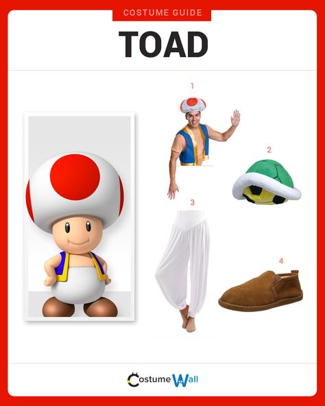 Get in the game to play the part of Toad, the loyal attendant to Princess Peach, from Nintendo's Super Mario Bros. Toad Mario Costume, Mario Character Costumes, Diy Nintendo, Mario Bros Costume, Mario Dress, Super Mario Costumes, Toad Costume, Mario Cosplay, Mario Costume