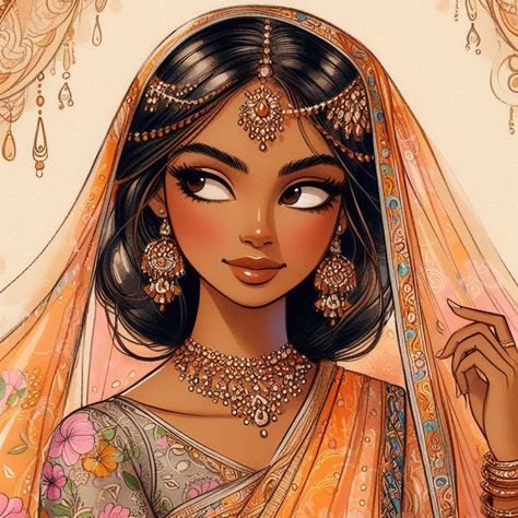 Indian Girl Illustration, Indian Girl Drawing, Stylised Portrait, Bride Fashion Illustration, Indian Drawing, Girl Face Drawing, Indian Art Gallery, Indian Woman