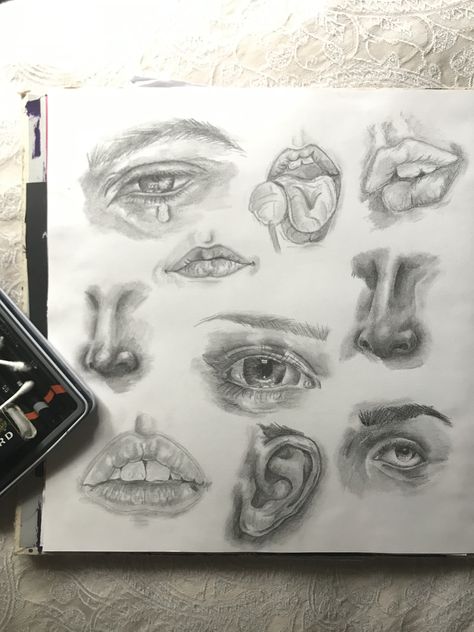 GCSE art - pencil sketches of facial features Gcse Art Pencil Drawing, Gcse Art Facial Features, Facial Features Sketchbook Page, Personal Expression Art, Gcse Art Facial Features Page, Senses Gcse Art, Gcse Art Sketchbook Facial Features, Close Up Facial Features, Gcse Art Sketchbook Body Image