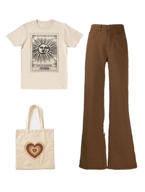 Aesthetic Outfits With Brown Pants, Basic Aesthetic Outfits For School, Brown Flared Jeans Outfit, Light Brown Trousers Outfit Women, Brown Clothing Style, Dark Brown Jeans Outfit, Dark Brown Outfits For Women, Dark Brown Cargo Pants Outfit, Outfit Ideas Brown Pants