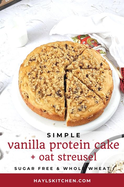 A super easy and simple Vanilla Protein Cake topped with an Oat Streusel – the perfect high protein cake recipe for a birthday or just a dessert. Made with whole wheat flour and vanilla protein powder, this protein cake is healthy and sugar-free too! Protein Powder Cake Recipe, High Protein Cake, Vanilla Protein Cake, Protein Powder Cake, Protein Cake Recipe, Protein Cake Recipes, High Protein Desserts, Protein Cake, Protein Powder Recipes