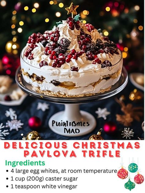 foodnaura - A Christmas Pavlova Trifle is a beautiful and... Christmas Pavlova Trifle, Christmas Pavlova Ideas, Pavlova Trifle, Easy Bake Cake, Fruit And Cream, Creative Christmas Cookies, Christmas Hosting, Christmas Pavlova, Pavlova Dessert