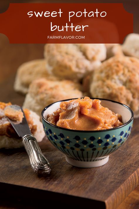 Sweet Potato Butter Creamy sweet potato butter makes a tasty topping for biscuits or toast. Sweet Potato Butter Recipe, Sweet Potato Butter, Potato Donuts, Canning Sweet Potatoes, Sweet Potato Biscuits, Recipes For Fall, Milk Products, Table Dinner, Homemade Butter