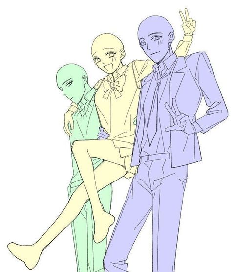 Trio Poses Drawing Reference, Trio Drawing Base, Group Pose Reference Drawing, Anime Base Pose, Body Pose Drawing, Drawings Of Friends, Poses References, Figure Drawing Reference, Art Base