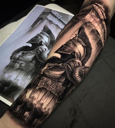 Skin Giants - Be A Giant! en Instagram: “👩🏻 🙏🏻⚡👏⁠ Spartan Warrior⁠ Artist: @dylanwebertattoos⁠ Country: AU⁠ ———————————————————————⁠ ⚜️FOLLOW⚜️ @skingiants for daily tattoos! Sharing…” Warrior Tattoo Sleeve, Roman Tattoo, Gladiator Tattoo, Spartan Tattoo, Knight Tattoo, Greek Mythology Tattoos, Forarm Tattoos, Forearm Sleeve Tattoos, Warrior Tattoos