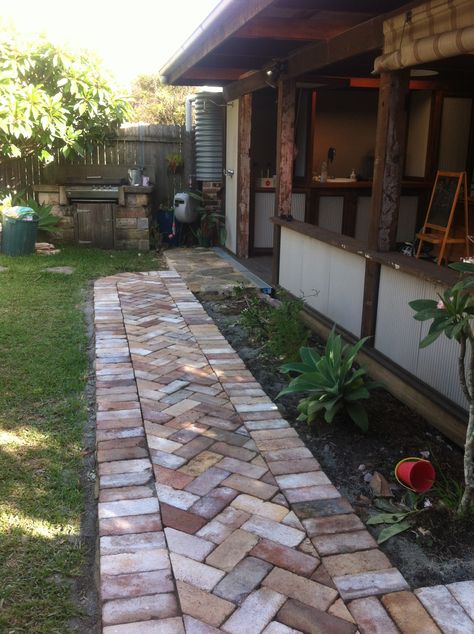 Recycled Brick Path, Recycled Brick Paving, Brick Paving Patterns, Herringbone Path, Brick Landscaping, Arid Garden, Brick House Exterior Makeover, Front Garden Ideas Driveway, Fish Ponds Backyard