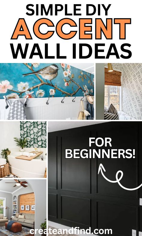 Collage of DIY accent wall treatments. Accent Wall Craftroom, Accent Wall Designs Paint Easy, Accent Wall Next To Kitchen Cabinets, Diy Wooden Accent Wall, How To Make A Plain Wall Interesting, Mural Accent Wall Ideas, Diy Wood Slat Accent Wall Bedroom, Diy Living Room Accent Wall, Simple Feature Wall Ideas