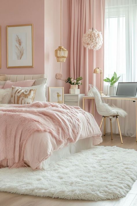 Refreshing bedroom ideas offer a sanctuary filled with character and coziness. Layered textures, vibrant patterns, and Pink Gold And White Bedroom Aesthetic, Rose Bedroom Ideas, Pink Gold And White Bedroom, Pink Teenage Girl Bedroom, Peach Bedrooms, Gold Teen Bedroom, Rose Gold Bedroom Ideas, Dream Bedroom Ideas, Pink Gold Bedroom