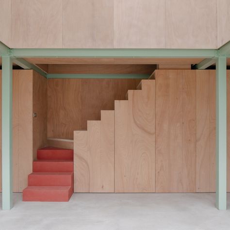 Exposed materials and colourful accents define Maison Nana in Paris Japanese Studio Apartment, Dezeen Architecture, Birch Wall, Timber Planks, Plywood Interior, Plywood Walls, Square Windows, Micro Apartment, Stone Farmhouse