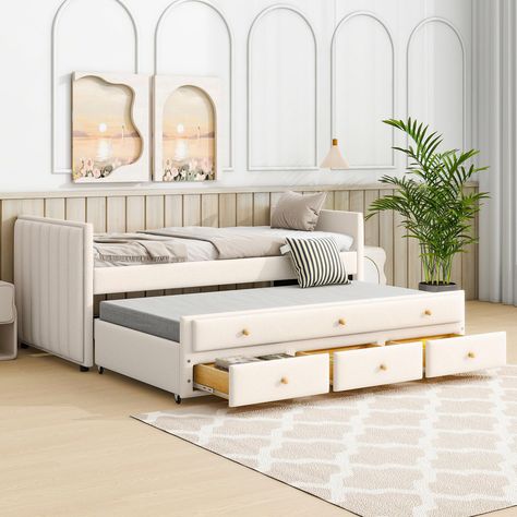 PRICES MAY VARY. ★ Elegant Upholstered Daybed: Upholstered in soft velvet fabric, the daybed has classic tufted details for a contemporary look. This twin daybed not only suits any home décor, but is timeless in its design. With pull-out trundle and drawers, the daybed is functional and elegant. ★ Twin Captains Bed with Trundle: The upholstered captain’s bed is equipped with a twin trundle bed, which makes it easy to create the extra sleep space when needed. It is perfect for guests, sleepovers Bed With Trundle Ideas, Pull Out Bed Ideas, Velvet Daybed, Daybed Frame, Wooden Daybed, Twin Daybed With Trundle, Studio Bed, Twin Trundle Bed, Twin Trundle