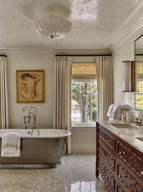 Wellesley Farms Agrarian Colonial - Patrick Ahearn Architect Warm Neutral Bathroom, Katie Rosenfeld, Warm Neutral Color Palette, Patrick Ahearn Architect, Patrick Ahearn, Serene Bathroom, Vintage Bathrooms, Vintage Bathroom, The Expert