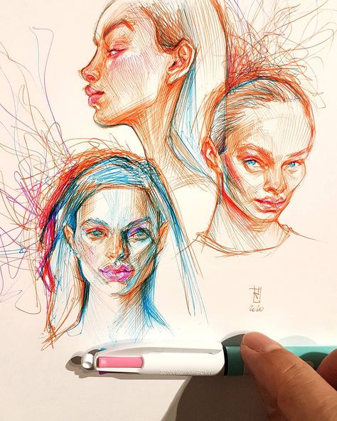 Colored Face Drawing, Colored Ballpoint Pen Drawing, Ballpoint Pen Illustration, Pen Drawing Color, Colored Pen Drawing, Potret Drawing, Ballpoint Pen Art Sketches, Ballpoint Pen Drawing Sketches, Colored Pen Art