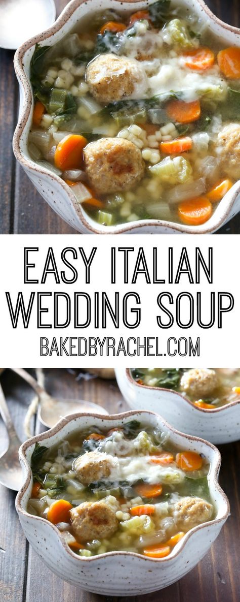 Easy slow cooker Italian wedding soup recipe from @bakedbyrachel A hearty dinner! Wedding Soup Recipe, Slow Cooker Italian, Italian Wedding Soup Recipe, Soup Ideas, Tasty Meatballs, Fall Soup, Italian Foods, Italian Recipes Easy, Wedding Soup