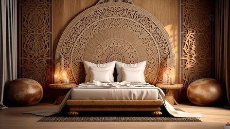 Modern Middle Eastern Interior Design, Islamic Bedroom, Middle Eastern Bedroom, Middle Eastern Interior Design, Arabian Bedroom, Ornate Headboard, Bed Background, Bed Top View, Arabic Interior