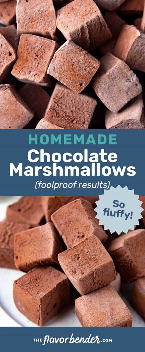 These are the BEST Homemade chocolate marshmallows! So soft, fluffy, and very chocolatey. They are perfect for gift giving. And in your hot chocolate too! Detailed recipe for perfect results. #TheFlavorBender #ChocolateMarshmallows #MarshmallowRecipe Dark Chocolate Marshmallow, Chocolate Marshmallows Recipe, Marshmallow Flavors Homemade, Homemade Chocolate Marshmallows, Homemade Marshmallow Flavors, Fluffy Marshmallow Recipe, Homemade Flavored Marshmallows, Homemade Marshmallows Christmas, Flavored Marshmallow Recipe