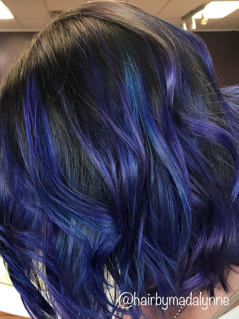 Vibrant Blue Indigo Hair! Balayage Technique! #hair #haircolor #hairgoals Black And Blue Ombre Hair Short, Black Hair With Blue Tips Ombre, Indigo Ombre Hair, Indigo Highlights Brown Hair, Short Indigo Hair, Dark Blue Balayage Hair Brunettes, Indigo Balayage, Dark Indigo Hair, Blue Bayalage Hair