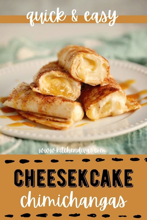 Delicious cheesecake chimichangas stacked atop one another and drizzled with caramel sauce on white plate. Cream Cheese And Tortilla Recipes, Fruit Tortilla Wraps, Desserts With Flour Tortillas, Cream Cheese Burritos, Desserts With Tortillas Easy, Dessert Using Tortillas, Dessert With Flour Tortillas, Tortilla Deserts, Sweet Tortilla Wrap Ideas