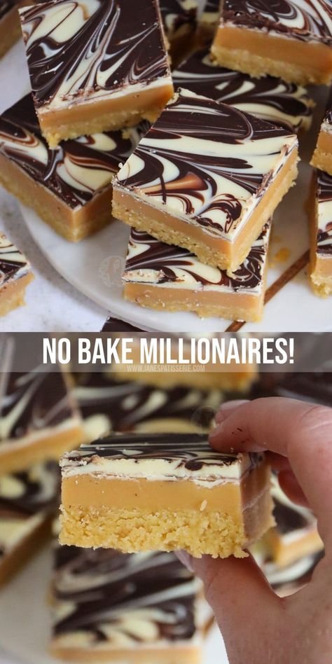 No-Bake Millionaires! - Jane's Patisserie Millionaire Shortbread Recipe, Chocolate Covered Potato Chips, Chocolate Orange Cheesecake, Janes Patisserie, Chocolate Slice, Millionaire Shortbread, Tray Bake Recipes, Shortbread Bars, Desserts With Biscuits