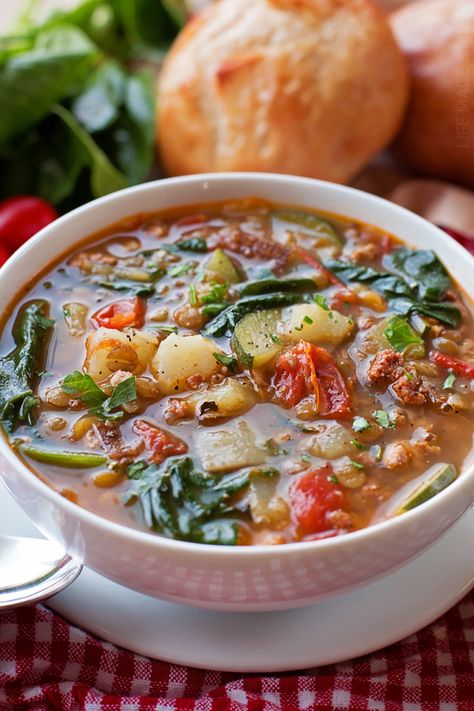 Tuscan Lentil Soup Recipe, Mediterranean Lentil Soup, Life Made Simple, Tuscan Soup, Lentil Soup Recipe, Lentil Soup Recipes, Hot Italian Sausage, Feed A Crowd, Soup And Stew