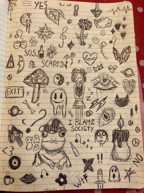 Small Notebook Ideas, Drawing Ideas Easy Doodles, Notebook Doodles, Notebook Drawing, Drawing Ideas Easy, Arte Grunge, Doodle Pages, Easy Doodles, Doodles Drawings