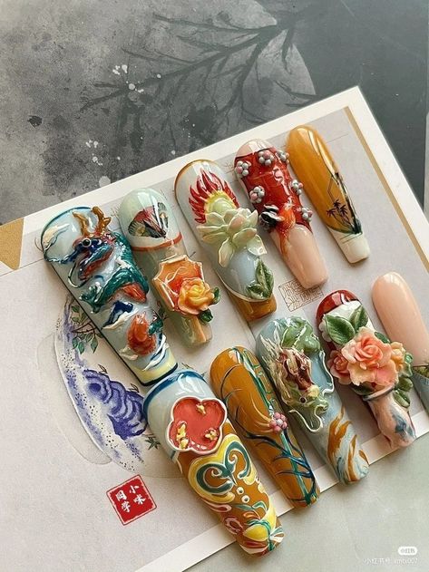 Hmong Nails, Vietnamese Nail Art, Ethereal Nails Acrylic, Year Of The Dragon Nails, Geisha Nails, Chinese Nail Art, Chinese Nails Designs, Chinese New Year Nails, Lunar New Year Nails