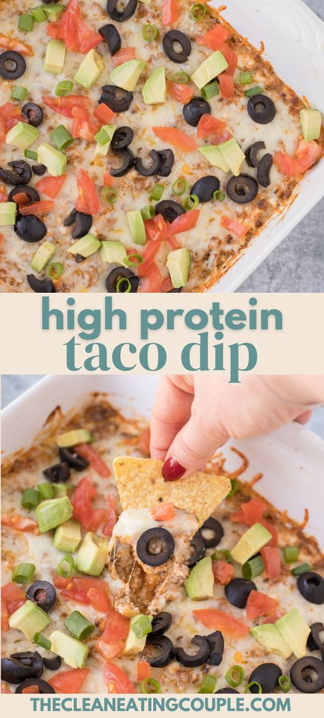 High Protein Taco Dip is so quick to make with ground beef & tastes amazing! Keto friendly and so delicious. High Protein Finger Foods, High Protein Football Snacks, Protein Finger Foods, Healthy Taco Dip, Protein Taco Dip, Protein Dip Recipes, Protein Dips, High Protein Dips Low Carb, High Protein Appetizers For Party