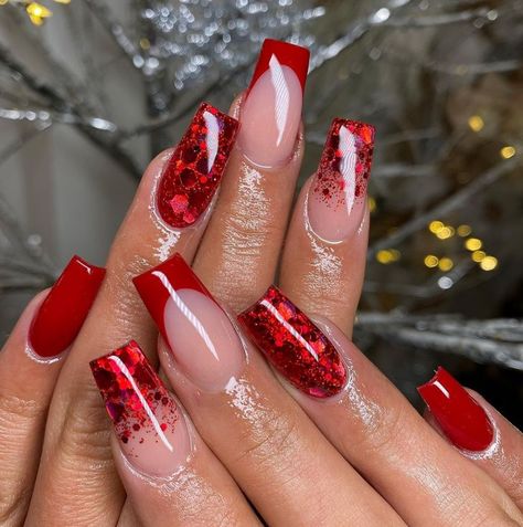 Red Tip Nails, Red Acrylic Nails, Winter Nails Acrylic, Red Nail Designs, Christmas Nails Acrylic, Acrylic Nails Coffin, Xmas Nails, Square Acrylic Nails, Valentines Nails