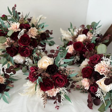 Burgundy & Ivory White Rose and Eucalyptus Wedding Bouquet, Burgundy Wedding Flower, Burgundy Silk Flower Wedding, Bridal Bridesmaid Bouquet - Etsy Bouquet With Burgundy Dress, Black Cream And Burgundy Wedding, Burgundy Bridesmaid Flowers, Maroon Wedding Bouquet Burgundy, Maroon Bridesmaid Bouquet, Burgandy Wedding Flowers Bouquets, Burgundy And Green Wedding Cake, Wedding Bouquets February, Burgundy And Emerald Wedding Decor