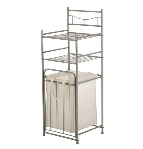 A shelf with an included hamper aka the perfect spot to put all your skincare, extra towels, or toiletries. Laundry Room Dimensions, Bathroom Tower, Bathroom Storage Tower, Bathroom Storage Shelf, Cubby Shelf, Steel Storage, Bathroom Storage Shelves, Frame Shelf, Tiny Space