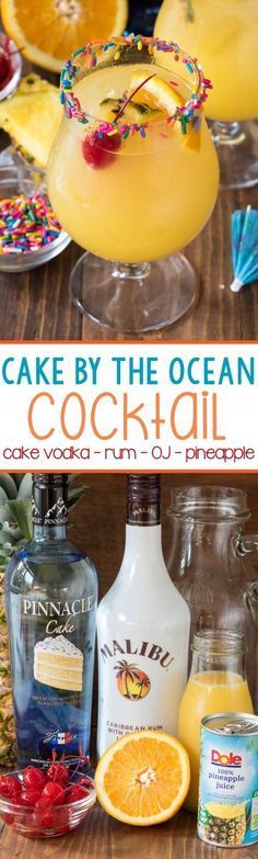 Cake by the Ocean Cocktail made with Cake Vodka, Coconut Rum, Orange and Pineapple Juices! You can whip up a pitcher of these in less than 5 minutes! Ocean Cocktail, Cake By The Ocean, Cake Vodka, Cocktail Cake, Drink Party, Party Drinks Alcohol, Drinks Alcohol, Jello Shots, Coconut Rum