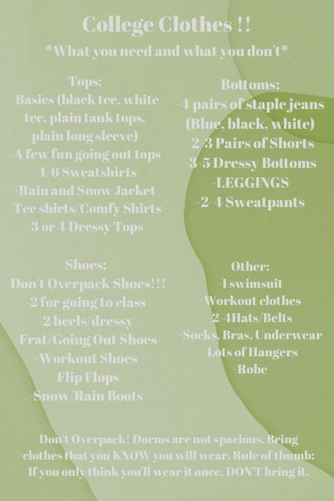 University Clothes List, Packing Clothes For College, Dorm Clothes Packing List, Clothes Necessities List, College Freshman Outfits, College To Do List, College Clothes Packing List, Clothes To Bring To College, Clothes To Pack For College