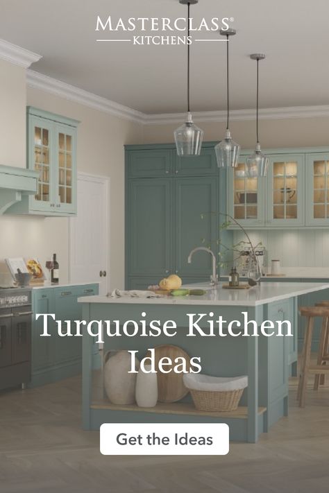 Turquoise Kitchens have an alluring charm. Whether it's with cabinet colours or tiles, this vibrant hue brings a fun and exciting aura. Pair it with white for a crisp, refreshing look. Turquoise Kitchen Cabinets, Blue Kitchen Inspiration, Turquoise Cabinets, Blue Kitchen Designs, Aqua Kitchen, Teal Kitchen, Turquoise Kitchen, Beautiful Kitchen Designs, House Of Turquoise