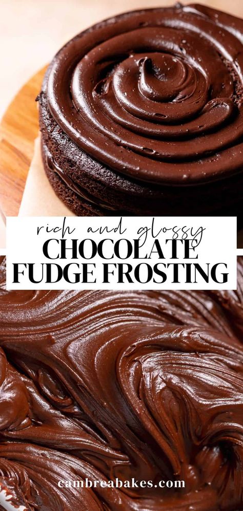 Ultra-rich and silky smooth, this dark chocolate fudge frosting is simple to make with 5 ingredients, no powdered sugar, and no corn syrup. It's the best fudge frosting for topping cupcakes, cakes, fudge brownies, and more! Chocolate Fudge Ganache, Fudge Chocolate Frosting, Chocolate Fudge Buttercream Frosting, Fudge Icing For Cake, 3 Ingredient Chocolate Frosting, Fudge Filling For Cake, Chocolate Cake Filling Recipes, Chocolate Frosting Recipe Buttercream, Fudge Frosting For Cake