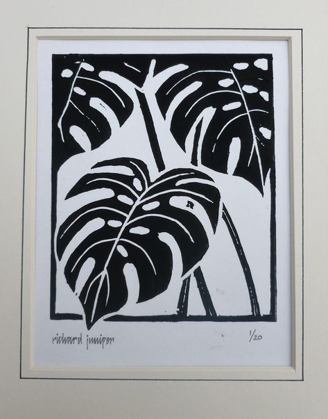 Swiss Cheese Plant. Linocut print by Richard Juniper Print Making Art Ideas, Simple Printmaking Designs, Plant Lino Print, Linocut For Beginners, Print Ideas Design, Linocut Plants, Lino Print Ideas Easy, Linocut Prints Simple, Linocut Prints Ideas