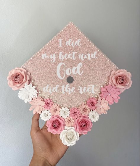 Cute Ways To Decorate Your Graduation Cap, Graduation Cap God Quotes, All Glory To God Graduation Cap, Elegant Grad Cap Ideas, Adn Graduation Cap, Graduation Accessories Ideas, Pink Graduation Cap Ideas, Unique Graduation Cap Designs College, Senior Cap Ideas Creative