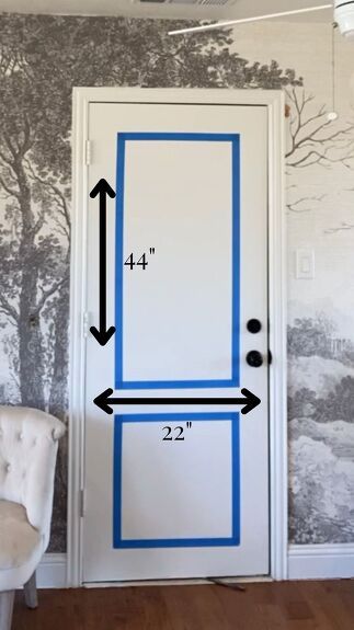 Check out how to upgrade a boring flat door for cheap with this step by step door makeover tutorial. #doormakeover #diydoorupgrade Indoor Door Makeover, Wallpapered Door, Wallpaper Door Ideas, Wallpaper On Door, Picture Frame Molding Diy, Panel Door Makeover, Hollow Door Makeover, Flat Panel Door Makeover, Door Panelling