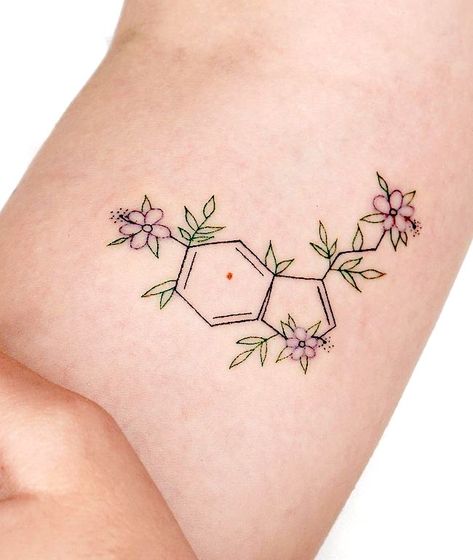 The happy chemical Serotonin tattoo on the wrist by @_thinkdifferent Chemical Tattoo, Serotonin Tattoo, Molecule Tattoo, Circle Tattoos, 4 Tattoo, Fire Tattoo, Small Meaningful Tattoos, Healing Tattoo, Wrist Tattoos For Women