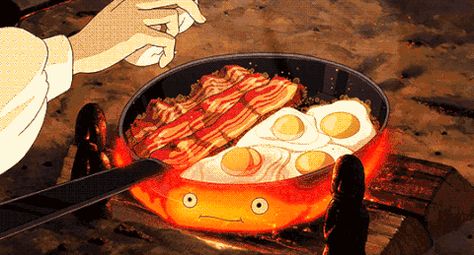 from up on poppy hill GIF قلعة هاول المتحركة, Howl's Moving Castle Calcifer, Art Studio Ghibli, Breakfast Bacon, 하울의 움직이는 성, Bacon Eggs, Bacon Breakfast, Ideas Food, Food Breakfast