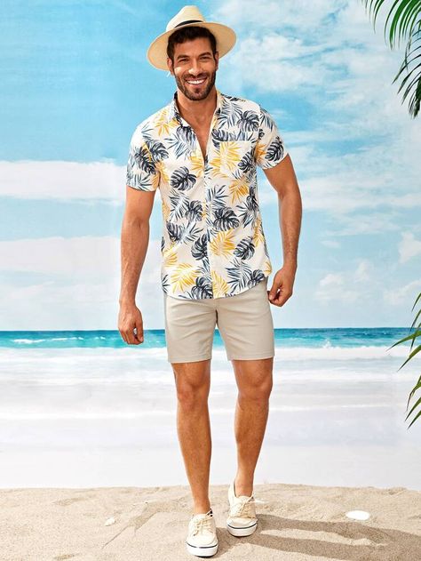 Men Tropical Print Curved Hem Hawaiian Shirt | SHEIN USA Beach Outfit Men, Mens Beach Shirts, Tropical Print Shirt, Curved Hem Shirt, Hawaiian Outfit, Men Beach, Beach Shirt, Clothing Labels, Casual Sets