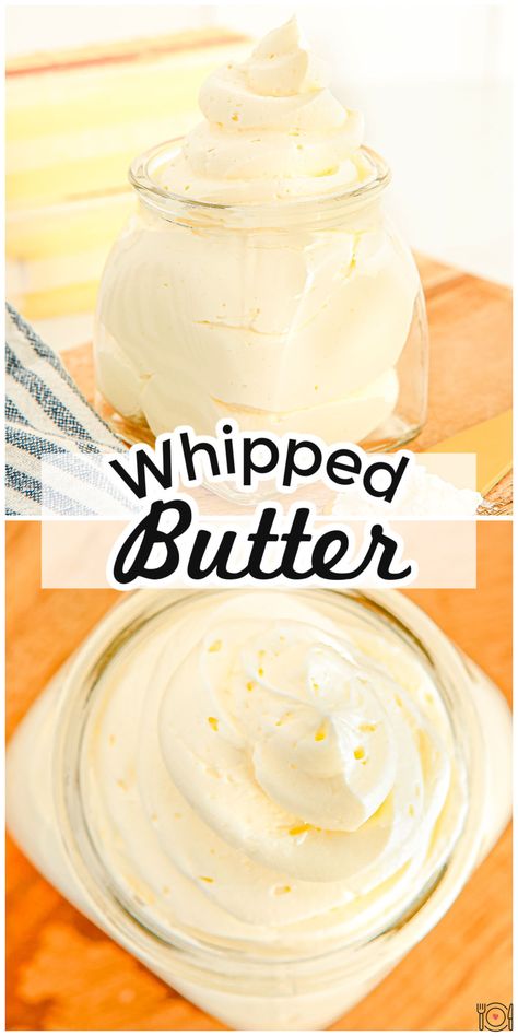 Easy homemade Whipped Butter recipe made with just two ingredients: butter and whole milk! Now you can make this restaurant staple at home! via @foodfolksandfun How To Make Whipped Butter, Longhorn Butter Recipe, Outback Butter Recipe, Homemade Whipped Butter, How To Make Homemade Butter, Home Made Butter Recipes, Whipped Butter For Pancakes, Homemade Butter With Milk, Butter From Heavy Whipping Cream