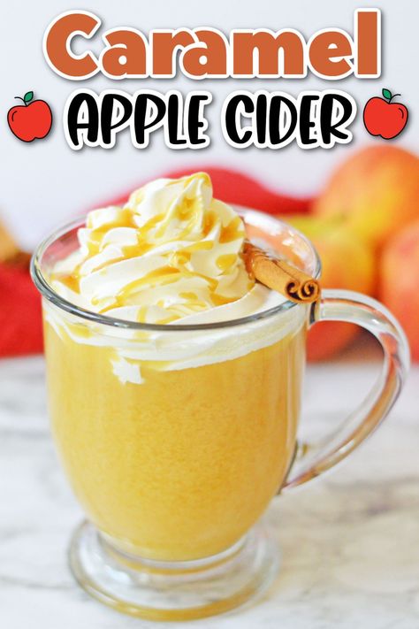 This easy Caramel Apple Cider Recipe, with tangy apple cider and sweet caramel sauce, is our new favorite fall drink for chilly days! Whether you’re looking for a rich and creamy hot drink to warm you up on a cold winter day or a delicious fall treat to satisfy a sweet tooth, this fall cider recipe has you covered! Carmel Apple Cider Recipe, Hot Caramel Apple Cider Recipe, Hot Apple Cider Bar, Hot Caramel Apple Cider, Caramel Apple Cider Recipe, Apple Cider Cocktails, Hot Apple Cider Recipe, Fall Cider, Candy Corn Pumpkin